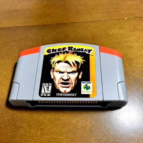 <lora:n64:1>, "Chef Ramsay", n64 video game cartridge, angry Gordon Ramsay, food and vegetables, english text, no humans, solo, parody, photo