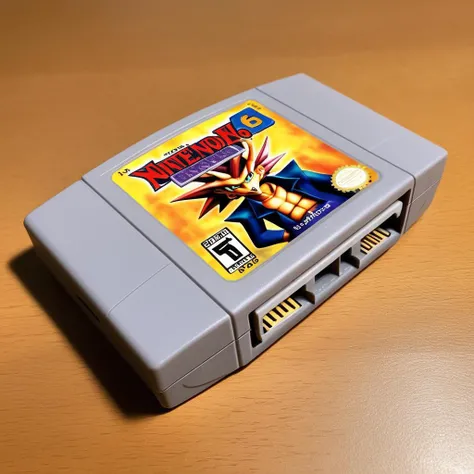 A photorealistic image of a Nintendo 64 game cartridge, set against a neutral background. The cartridge should be in good condition, showcasing its iconic shape and design. On the label of the cartridge, there should be artwork from the Yu-Gi-Oh! series, f...