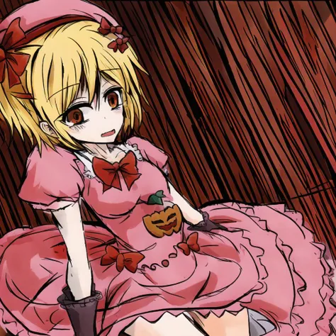 anime girl in pink dress sitting on a wooden floor with a pumpkin