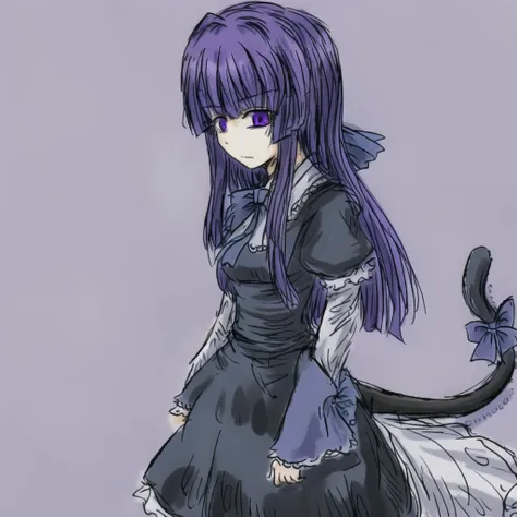 a drawing of a girl with purple hair and a cat tail