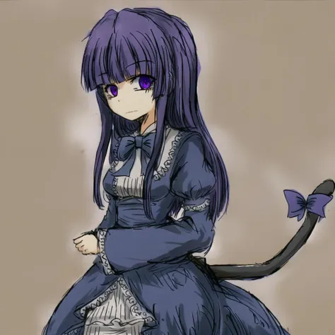 anime girl with purple hair and purple eyes sitting on a chair