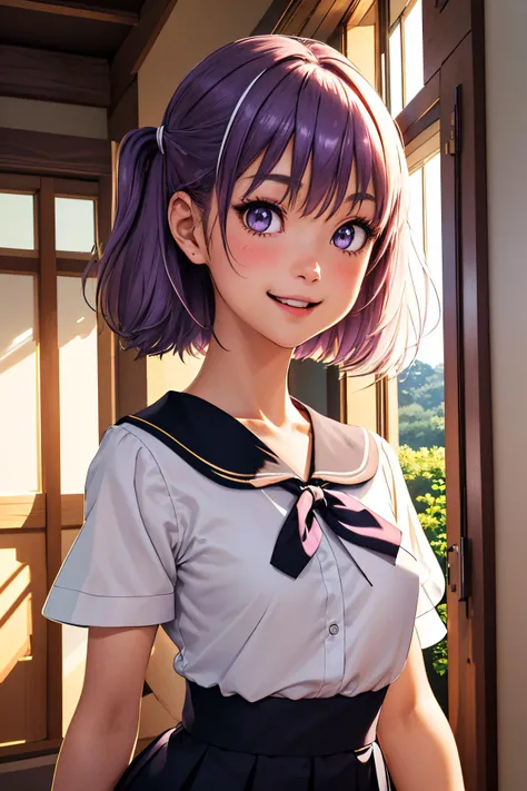 anime girl with purple hair and a white shirt and black skirt