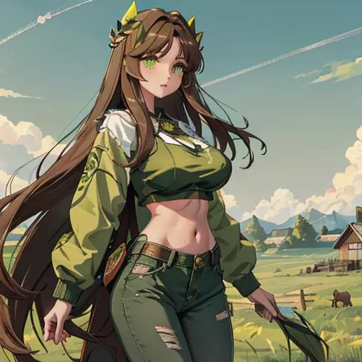 bust up, portrait, sua, long hair, green eyes, brown hair, very long hair, large breasts, green crop top, denim pants, hair ornament, grasslands background, <lora:Game-EternalReturn-Sua:0.8>