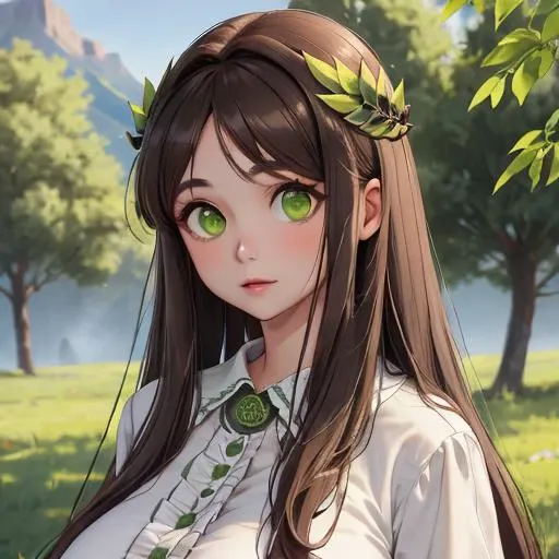 bust up,portrait, sua, long hair, green eyes, brown hair, very long hair, large breasts, white shirt, green blouse, hair ornament, moutains background, <lora:Game-EternalReturn-Sua:0.9>