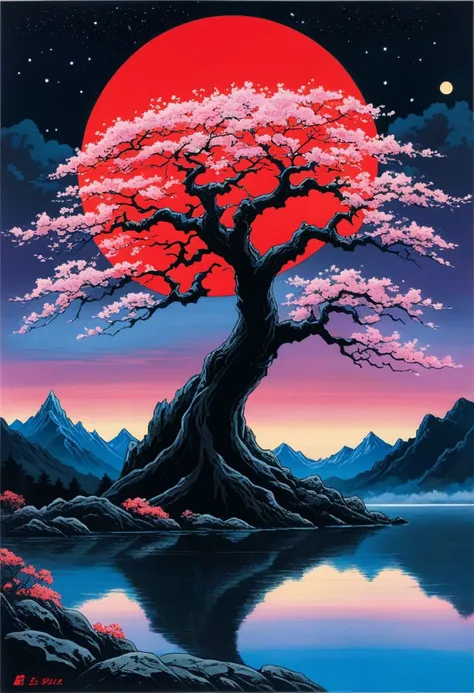 a painting of a tree with a red sun in the background