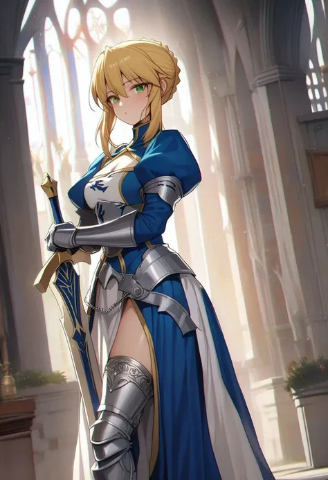 a woman in a blue dress holding a sword in a church