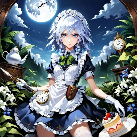 anime girl with a cake and a knife in a garden