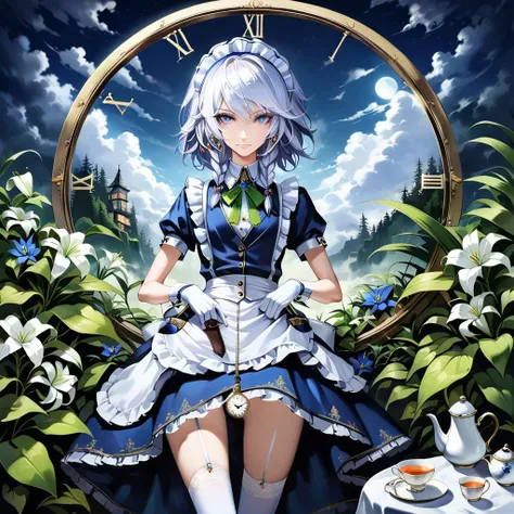 highres, realistic, 1girl, solo, blue flowers, white flowers, blue lily, lily, green leaves, fern, moss, night, Moon, mist, clouds, izayoi sakuya, low angle, from below, serious, light smile, smile, white hair, silver hair, short hair, blue eyes, tall, lon...