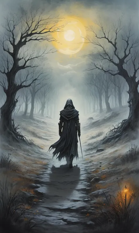 a painting of a person walking through a forest with a light on