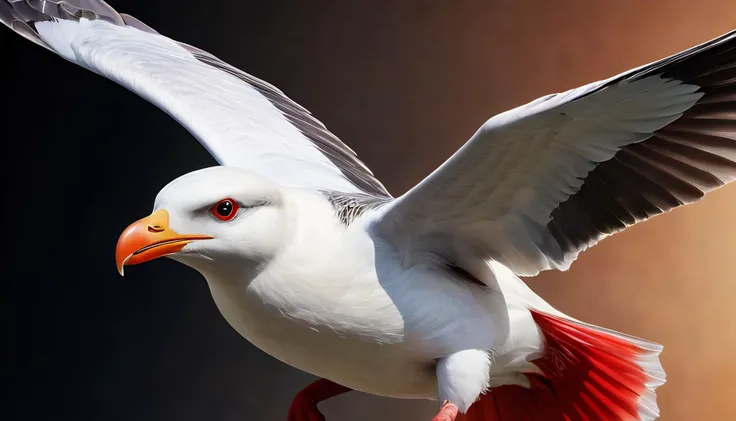 araffe bird with red and white feathers flying in the air