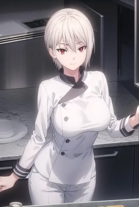 alicenakiri, <lora:alice nakiri s1-lora-nochekaiser:1>,
alice nakiri, short hair, (red eyes:1.3), white hair, hair between eyes, smile,
BREAK pants, white pants, chef, long sleeves, sleeves rolled up,
BREAK indoors, kitchen,
BREAK looking at viewer, (cowbo...