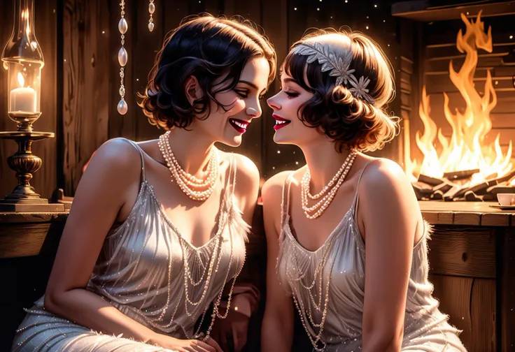 (medium full shot ) of two lovers sharing laughter, detailed face, flapper wearing a white beaded flapper dress, kitten heels, dark pink lipstick, long satin gloves long pearl necklace, located in a romantic scene at a quiet fireplace in a rustic lodge dur...