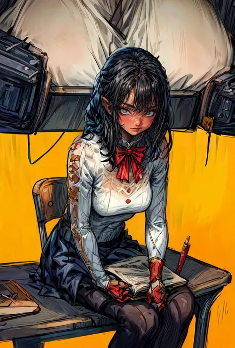 (masterpiece, best quality), a young black haired girl office secretary dressed in a transparent white blouse and black office skirt and black pantyhose ,sitting in an office chair, holding pencil, (detailed skin:1.3),(detailed eyes), (sharp focus), <lora:...