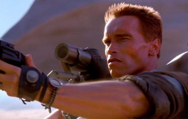 a man holding a gun in a desert area with a desert background