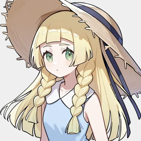 anime girl with long blonde hair wearing a hat and blue dress