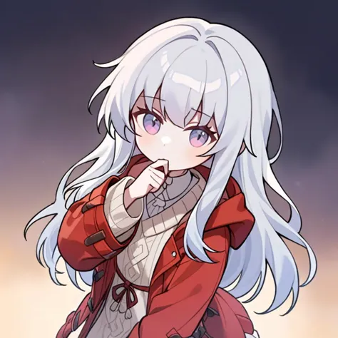 anime girl with long white hair and red jacket posing for the camera