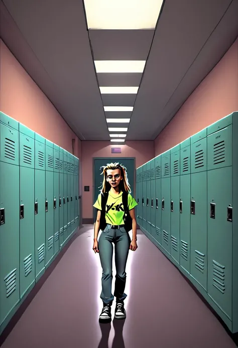 Y2K aesthetic of an early 2000s high school hallway, with lockers, fluorescent lighting, and students in period-appropriate attire, inspired by the works of David Carson and April Greiman, cinematic composition, trending on artstation.