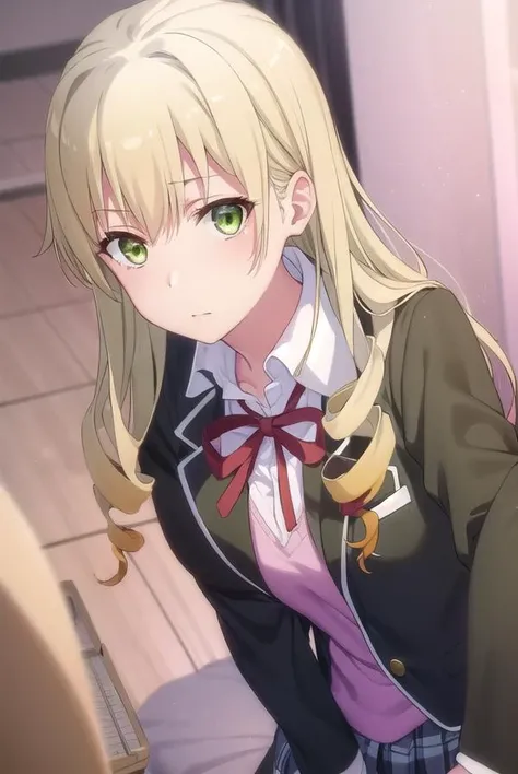 yumikomiura, <lora:yumiko miura s2s3-lora-nochekaiser:1>, 
yumiko miura, long hair, blonde hair, (green eyes:1.3), drill hair,
BREAK skirt, ribbon, school uniform, jacket, black jacket, plaid, plaid skirt, blazer, sobu high school uniform,
BREAK indoors, c...