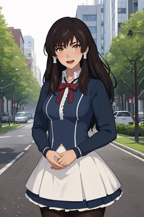 anime girl in uniform standing on a street with trees in the background