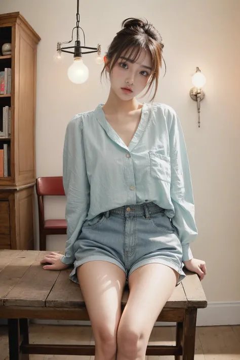 portrait photo of a cute age 20 girl, ((sitting on chair)),Pink pants, Blue top, dramatic angle, ((bondage)), (Glowing ambiance, enchanting radiance, luminous lighting, ethereal atmosphere, mesmerizing glow, evocative hues, captivating coloration, dramatic...