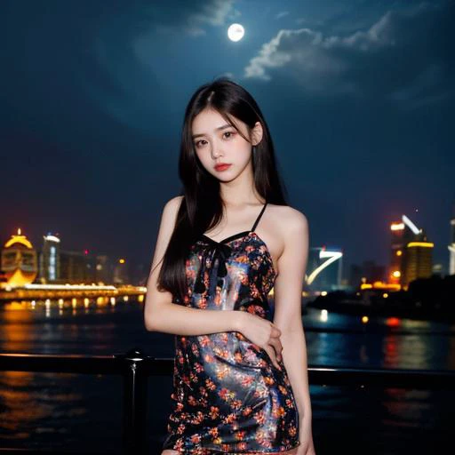 realistic,photorealistic,masterpiece,best quality,dark shot,(photo of portrait:1.2),cowbody shot,1girl,solo,looking at viewer,long black hair,([:see-through:4]:1.2) (colorful:1.2) cns_dress,(floral print:1.2),standing by a river,dynamic pose,(shanghai:1.2)...