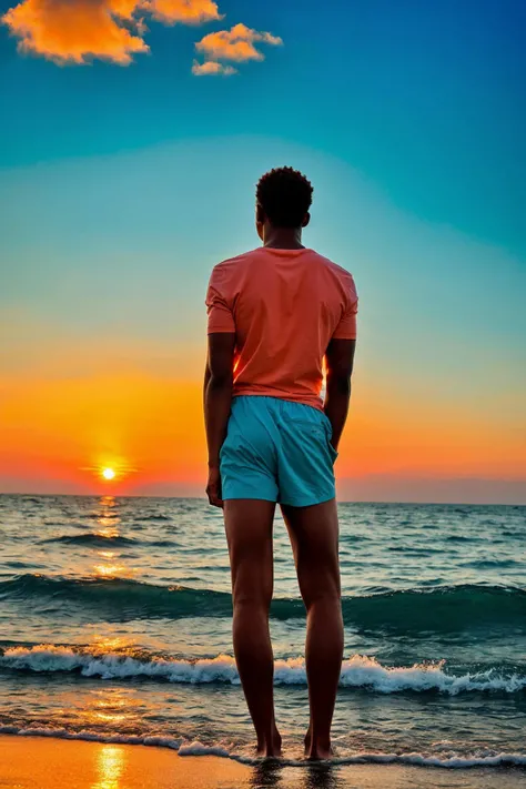 colored man and sea, sunrise,