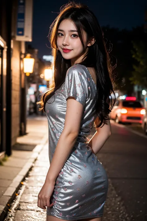 realistic, RAW photo, dslr, film grain, Fujifilm XT3, night shot, 1girl, goddess women,curly hair,  long hair, silver hair,thigh, ([:see-through:4]:1.2)  dress, (floral print:1.2),black pantyhose,deserted street, Backlit ,Bokeh ,Contrast Filters,(smile),fr...