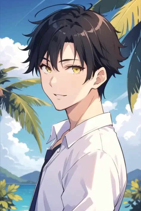 masterpiece, best quality, , 1boy, solo, male focus, looking at viewer, , , , , <lora:masato_sanada:0.66>, masato_sanada, black hair, yellow eyes, , A tropical paradise where the sun shines brightly every day, HD