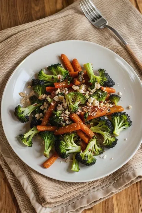 there is a plate of broccoli and carrots on a table