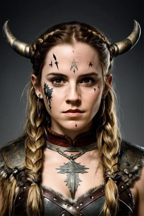 masterpiece, stunning closeup portrait photo of ewt,  as (viking warrior), female (barbarian),