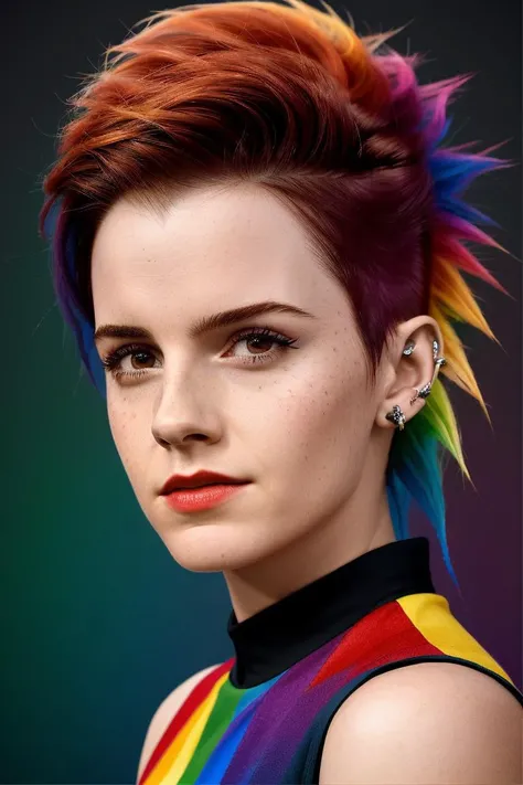 masterpiece, stunning closeup portrait photo of ewt,  by Flora Borsi, style by Flora Borsi, bold, bright colours, (rainbow Mohawk hair:1.1), ((Flora Borsi)),