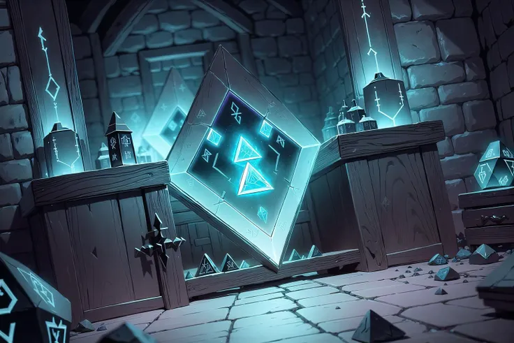 (Cryptic rune stones,Magic mirror,Glowing Hexagrams:1.2), (masterpiece, best_quality, ultra-detailed, immaculate:1.3), epic, illustration, dark dungeon, creepy lighting, sense of foreboding