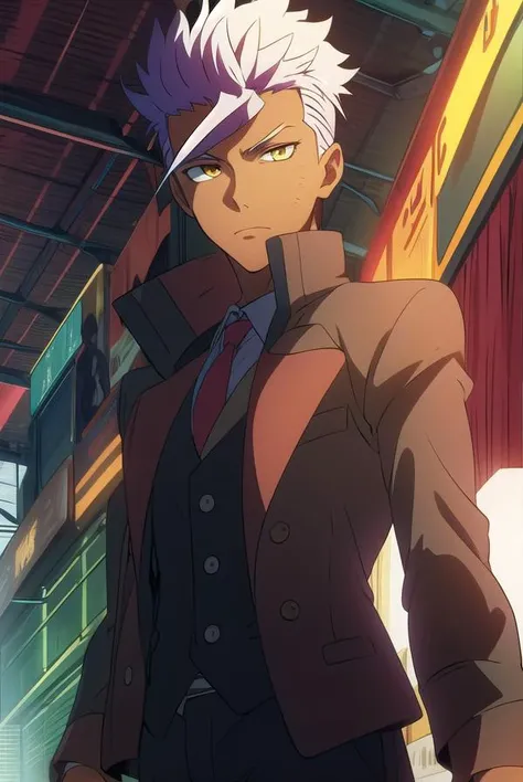 orgaitsuka, <lyco:orgaitsukaLYCORIStest:1>,
orga itsuka, white hair, dark skin, dark-skinned male, (yellow eyes:1.3),
BREAK necktie, formal, suit, (red suit:1.5), (red jacket:1.5), jacket,
BREAK looking at viewer,
BREAK outdoors,
BREAK <lora:GoodHands-vani...