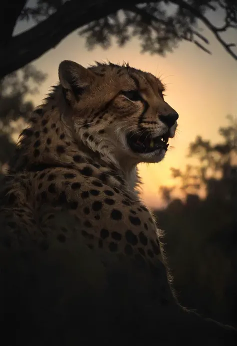 a close up of a cheetah sitting in the shade of a tree