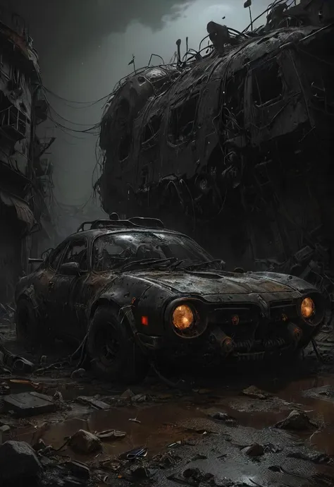 a close up of a car in a dirty area with a train in the background