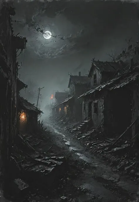 a dark street with a full moon and a street light