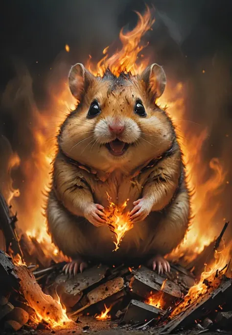 a close up of a mouse sitting on a pile of fire