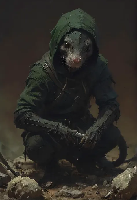 a close up of a rat in a hoodie crouches on rocks