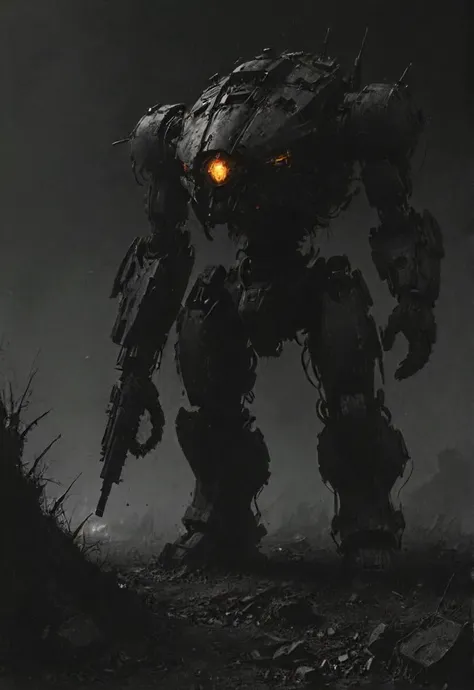 a robot with glowing eyes standing in the dark