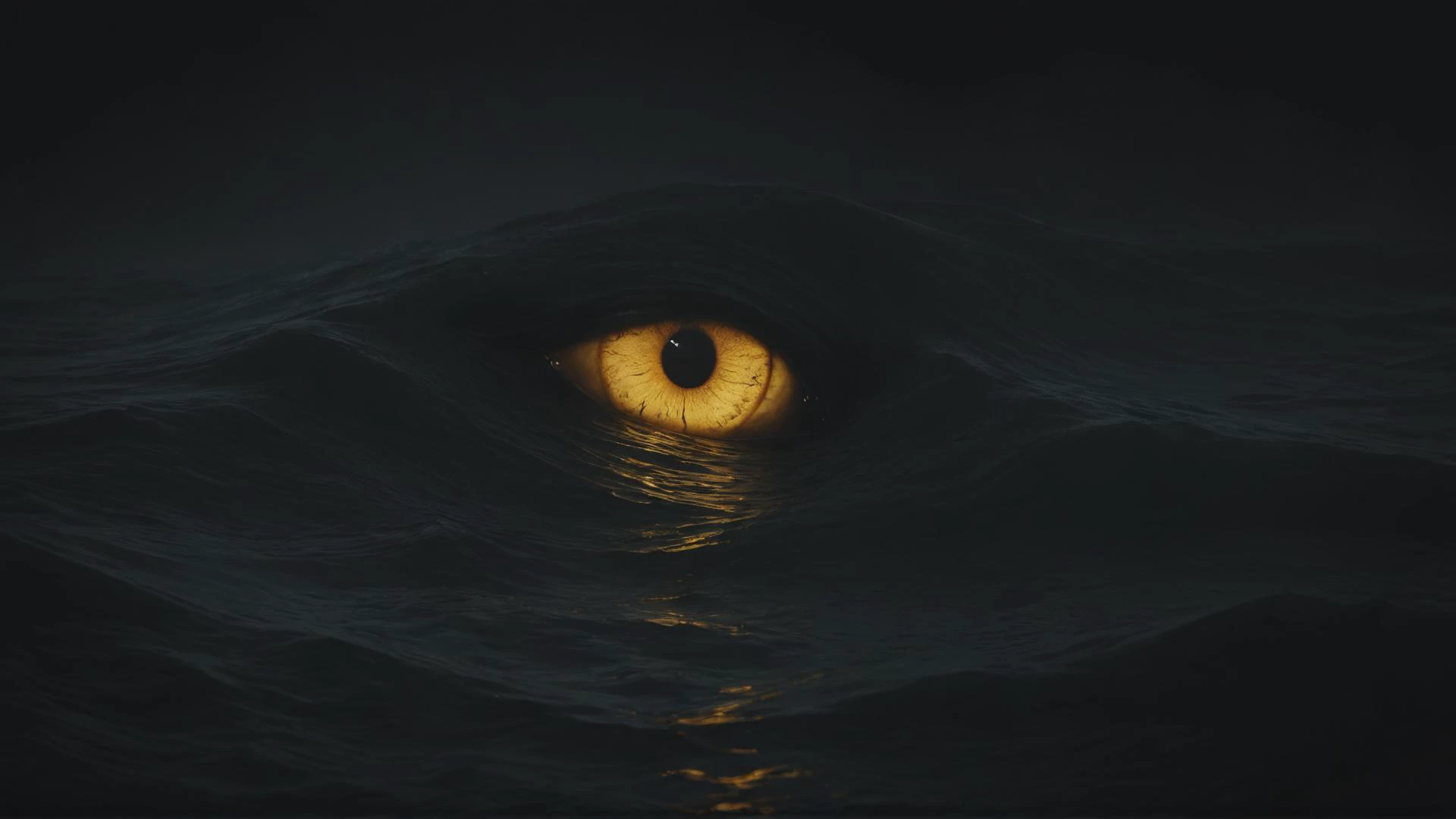 Golden [Sauron:Cat:2] Eye in the dark corners of the Ocean waves, dark and depressing atmosphere, loneliness,  <lora:- SDXL - vntblk_vanta_shapes_V1.0:0.7>