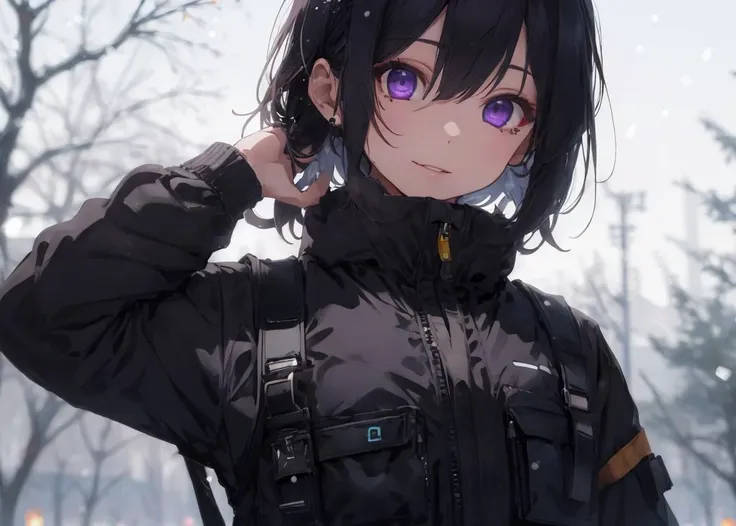 anime girl with purple eyes and black jacket standing in the snow