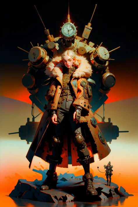 1girl ,futubot , cyborg
steampunk
coat 
battle stance 
leaning forward 
clockwork
driving a tank
 Alejandro Burdisio
   <lora:Futuristicbotv.2:1>