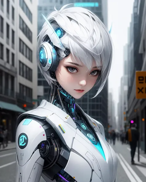 <lora:Futuristicbotv.2:0.8>, futubot, beautiful woman cyborg, pixie haircut, (medium shot:1.2), on the street, dynamic background, white theme, epic, <lora:add_detail:0.4>