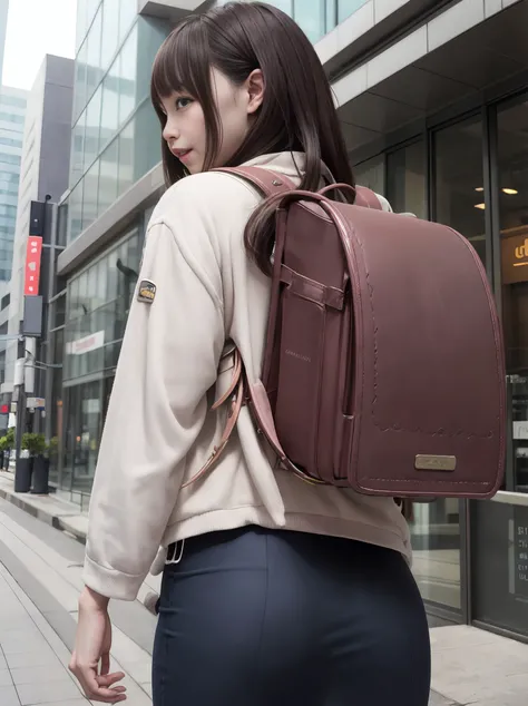 a woman with light smile is wearing randoseru backpack and long sleeve business suits jacket and business skirt in street of Marunouchi Tokyo with lots of commercial buildings, view from below and ass focus
<lora:randoseru_v1.2:1>
<lora:real_model_suppin:1...