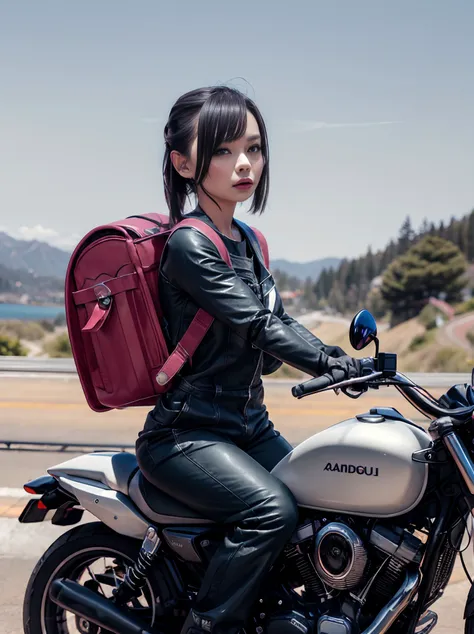 woman in leather outfit riding a motorcycle with a backpack on her back