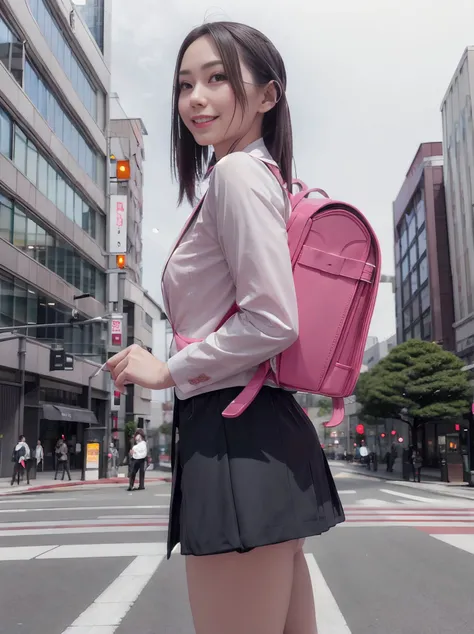 RAW photo, portrait, best quality, high res
a women with light smile is carrying randoseru backpack and wearing business jacket suits and business skirt in Marunouchi Tokyo district with a lot of sky high commercial buildings, view from side
<lora:randoser...