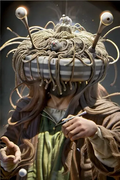 masterpiece, best quality, (photorealistic:1), beautiful lighting, Jesus, black background, Flying Spaghetti Monster, FSM <lyco:jesusChrist_v10 (1):1.0>