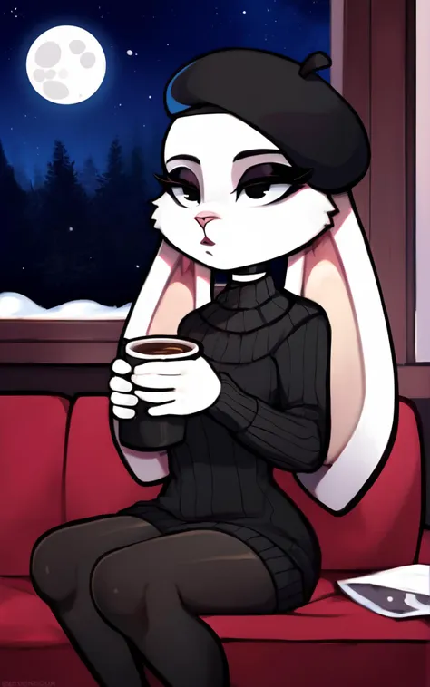 cartoon of a woman sitting on a couch holding a cup of coffee