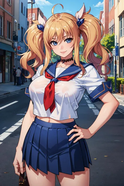 masterpiece, best quality, onizaki kirara, serafuku, white shirt, short sleeves, pleated skirt, twintails, smile, city street, large breasts, looking at viewer, cowboy shot, hands to hips <lora:onizakikirara-nvwls-v1-000008:0.8>