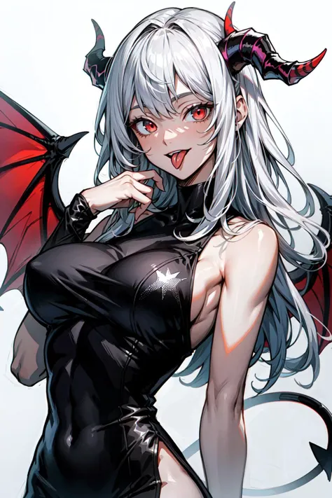 (masterpiece:1.2, best quality), 1milf, akairiot, bangs, white hair, red eyes, demon tail, demon wing, gradient, gradient_background, black slit dress, horns, long hair, looking at viewer,  sleeveless, smile, solo, tongue, tongue out, big breasts,